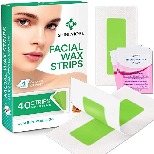 ShineMore Facial Wax Strips for hair removal - Hypoallergenic for All Skin Types - - Gentle and Fast-Working for Face, Eyebrow, Upper Lip, and Chin (40 Women Wax Strips + 4 Calming Oil Wipes NATURE NATION Ingredients )