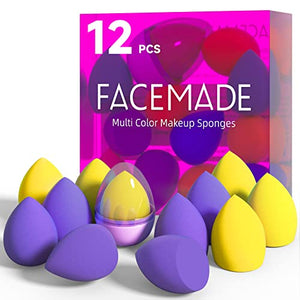 FACEMADE 12 PCS Makeup Sponge Set and 1 Sponge Holder, Latex Free Beauty Sponges, Flawless for Liquid, Cream and Powder, Super Soft Blending Sponge, Purple Yellow