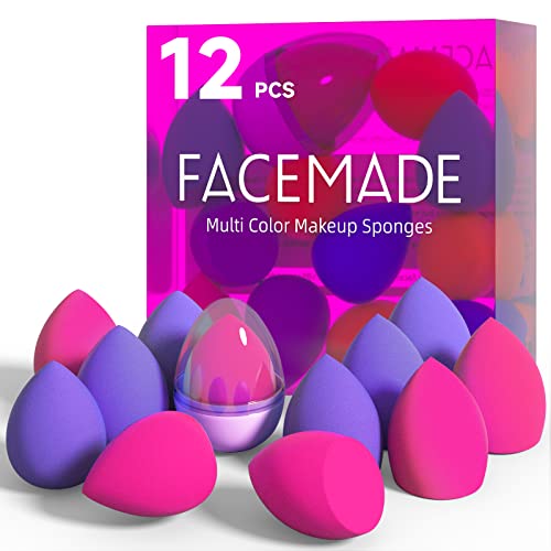 FACEMADE 12 PCS Makeup Sponge Set and 1 Sponge Holder, Latex Free Beauty Sponges, Flawless for Liquid, Cream and Powder, Super Soft Blending Sponge, Rose Purple