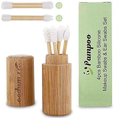 Pampoo 4PCS Plastic Free Reusable Qtips with Bamboo Carrying Case?Reusable Cotton Swab Qtip Zero Waste Packaging?Strengthen Thick Bamboo Stick?Eco Friendly Bamboo Qtips Sustainable Set