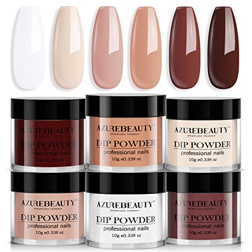 AZUREBEAUTY Dip Powder Nail Set, 6 Pcs Nude Brown Series Skin Tones Dipping Powder Color French Nail Art Manicure DIY Salon Home Gifts for Women, No Need Nail Lamp Cured