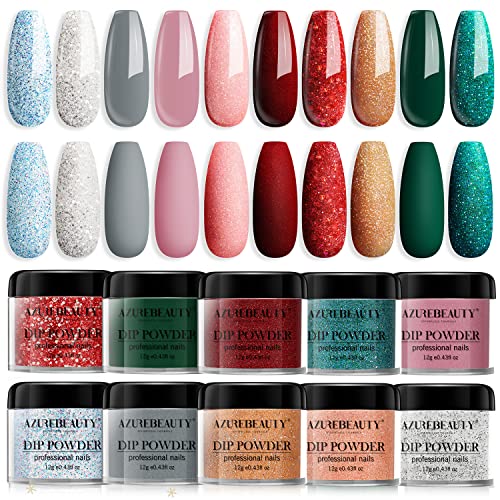 Dip Powder Nail Set, AZUREBEAUTY Holiday Series 10 Colors Red Green Gold Glitter Dipping Powder Set Nail Powder for French Nails Art Manicure DIY at Home, No Need Nail Lamp Valentines Gift