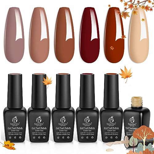 Beetles Gel Nail Polish Set, Caramel Collection 6 Colors Fall Winter Gel Polish Burgundy Red Brown Nail Gel Soak off Nail Lamp Manicure Holiday Gifts for Women