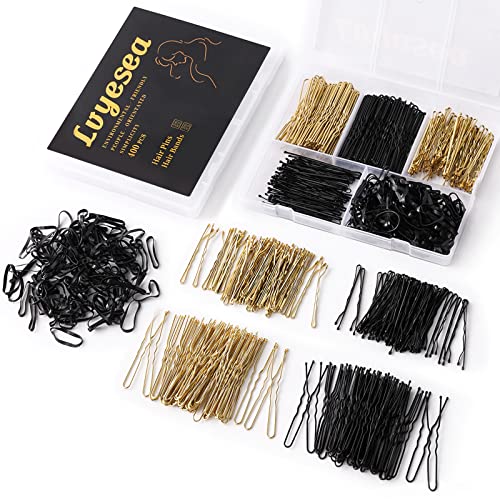 Lvyesea 400Pcs Hair Pins Kit, Including 100 Pcs U-Shaped 100 Pcs Bobby Pin and 200 Pcs Hair Rubber Bands with Storage Box Hair Pins for All Hair Types (Black, Gold)
