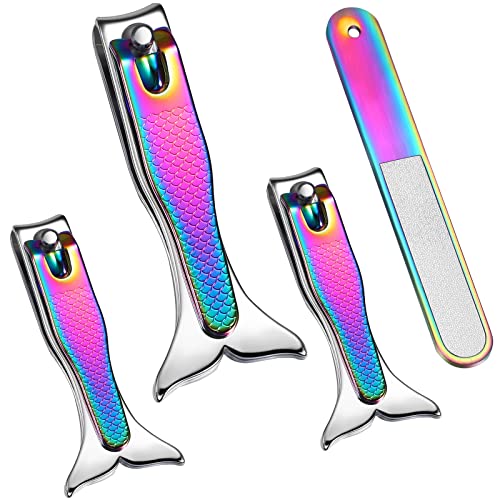 Mermaid Nail Clipper Set 4 Pieces Stainless Steel Fingernails and Toenails Clippers Nail Cutter with Nail File Christmas Birthday Stocking Stuffers for Girls Women Kids Manicure Accessories