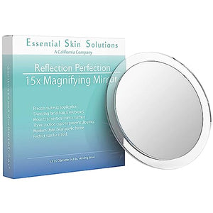 Essential Skin Solutions 15X Magnifying Mirror – Use for Makeup Application - Tweezing – and Blackhead/Blemish Removal – 6 Inch Round Mirror with Three Suction Cups for Easy Mounting