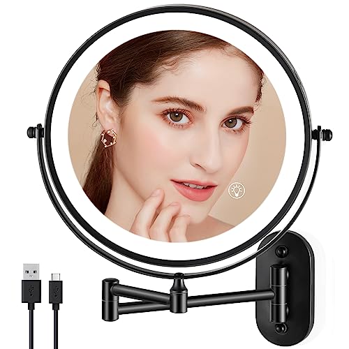 Rechargeable Wall Mounted Makeup Mirror, 8.5 inch Double-Sided 1/10x Magnifying Bathroom Mirror with 3 Color Lights, Lighted Vanity Mirror with 2-Touch Screen Dimming & Luminance Memory