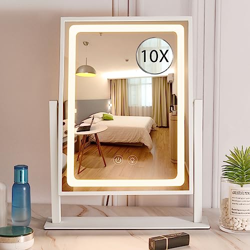 IBRIGHTSO Vanity Mirror with Lights, Hollywood Makeup Mirror with Lights, Touch Control, 3 Color Lighting Modes, Dimmable, Detachable 10X Magnification Mirror, 360° Rotation (16in, White)