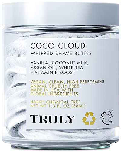 Truly Beauty Coco Cloud Shaving Cream for Women Sensitive Skin Whipped Shave Butter for Legs, Pubic Hair, Underarm, Body, Intimate Bikini Area, etc. 1.3 OZ