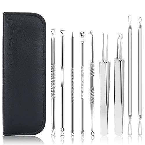 Pimple Popper Tool Kit, UUBAAR 9 PCS Blackhead Remover Tools with Tweezers, 16-Heads Professional Acne Zit Pimple Popper Extraction Tools, Whitehead Comedone Extractor Kit for Facial Nose