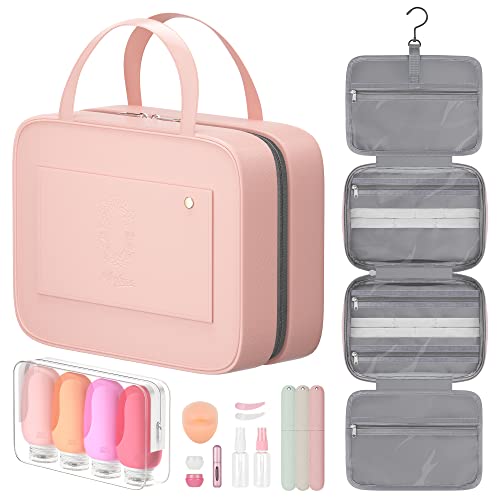 Morfone Travel Toiletry Bag with Leak Proof Bottles, Hanging Travel Makeup Organizer with TSA Approved Cosmetic Bag Portable Travel Bags for Toiletries Accessories Container Shampoo Conditioner