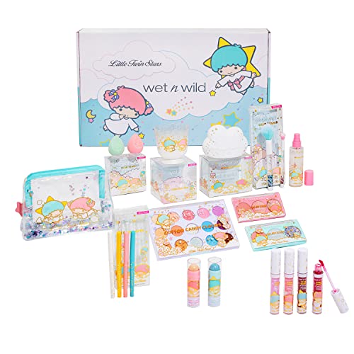 Wet n Wild Little Twin Stars Full Makeup Set | Makeup Primer | Setting Spray | Makeup Brushes | Highlighters | Makeup Sponges | 15-Pan Pigment Palette | Lip Scrub | Lip Gloss, (1180469)