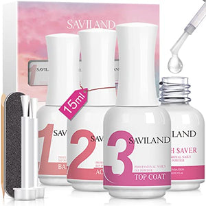 Saviland Dip Powder Liquid Set - Dip Powder Nail Kit with Activator Base and Top Coat Brush Saver 4pcs 0.5oz for beginner Quick Dip Powder Starter System