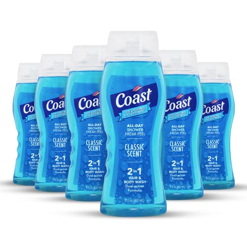 Coast 2-in-1 Hair and Body Wash, Classic Scent - Men's Body Wash, Shampoo & Conditioner - 6 Pack x 18 Fl Oz - Moisturizing & Refreshing Rich Lather for Energized And Clean Skin
