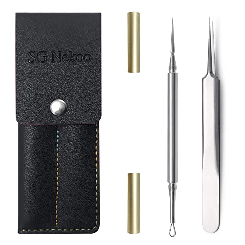 SGNEKOO Professional Facial Milia Removal Tool and Whitehead Extractor,Titanium Alloy Double Ended Needle and Steel Tweezers Kit,Blackhead,Blemish,Zit and Pimple Acne Remover Popper