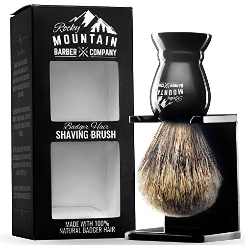 Shaving Brush with Stand - Rocky Mountain Barber Pure 100% Best Badger Hair Barber Grade with Black Heavy Duty All-Resin Handle and Oversized Bristle Head For Better Shaving Cream Lather