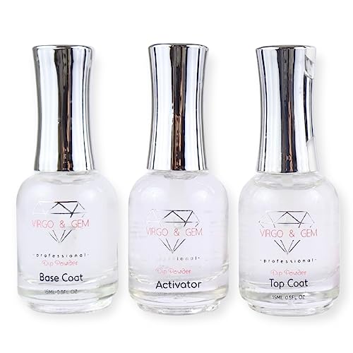 VIRGO & GEM 3 or 5 pcs Dipping Powder Liquid Set- 15ml Dip Powder Base Coat, Top Coat, Activator, Brush Saver and PH bond.