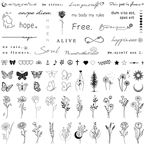 Realistic Temporary Tattoos for Women - 60 Sheets Tiny Small Removable Adult Fake Tattoos,185 Pcs Minimalist Waterproof Inspirational Quotes Words Wild Flower Floral Bouquet Adults Tattoo Stickers