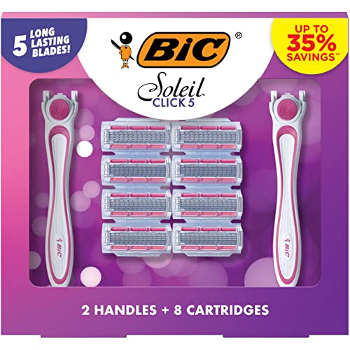 BIC Click 5 Soleil Women's Disposable Razors, 5 Blades With a Moisture Strip For a Smoother Shave, 2 Handles and 8 Cartridges, 10 Piece Razor Set Purple