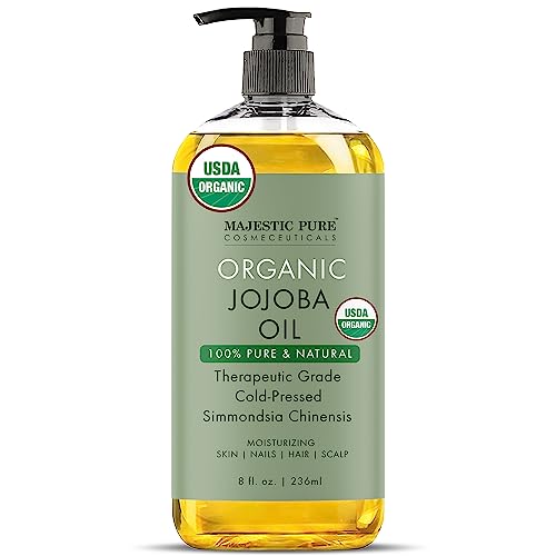 MAJESTIC PURE USDA Organic Jojoba Oil - 8 Fl Oz | 100% Pure Jojoba Oil Organic for Skin, Hair, Scalp, Nails, Face | Cold Pressed & Hexane Free | Hair & Body Oil