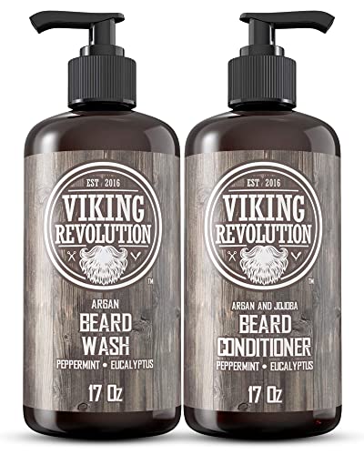 Viking Revolution Beard Wash & Conditioner Set w/Argan & Jojoba Oils – Softens, Smooths & Strengthens Beard Growth - Natural Peppermint and Eucalyptus Scent - Shampoo (17 oz)