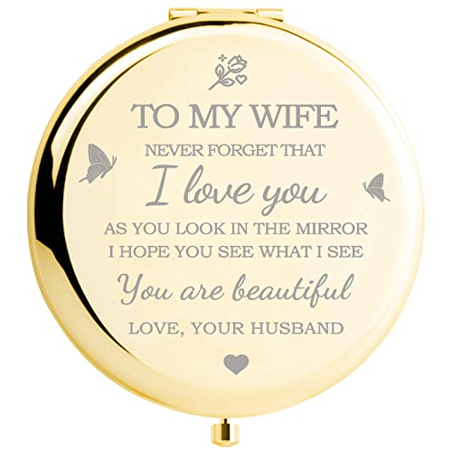 Gifts for Wife - I Love You Wife Gift Gold Compact Tabletop Mount Mirror - Romantic Gifts for Her Birthday, Wedding Anniversary, Valentines Day, Mothers Day, or Christmas