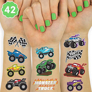 xo, Fetti Monster Truck Party Supplies Temporary Tattoos - 42 Metallic Styles | Trucks, Big Cars, Finish Lines + Flames