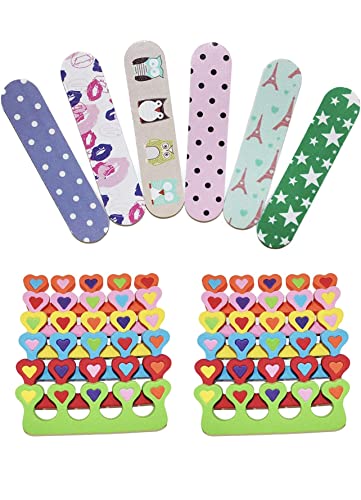 ZMOI 6 Pieces Colorful Girly Mini Emery Nail Files + 6 Pairs Heart Design Toe Separators Manicure/Pedicure Kit Kid Spa Party (Pack of 1)