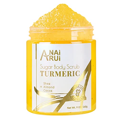 ANAiRUi Turmeric Body Scrub, Glow Face Scrub, Real Sugar Scrub for Body & Face Hyperpigmentation Dark Spots, Exfoliating, Moisturizing & Glowing Scrub, Sweet Orange Scent, 9 OZ