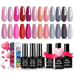 BabeNail Gel Nail Polish Set - 16PCS 12 Colors + 3 Base Glossy Matte Top Coat Soak Off Nude Gray Purple Glitter Color 21+ Days Long Lasting LED UV Lamp Needed - Manicure Butterfly Sequins Gift Kits