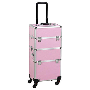 Yaheetech 3 in 1 Rolling Makeup Case Large Cosmetic Train Case Big Trolley Organizer Case Aluminum Makeup Organizer Travel Pink