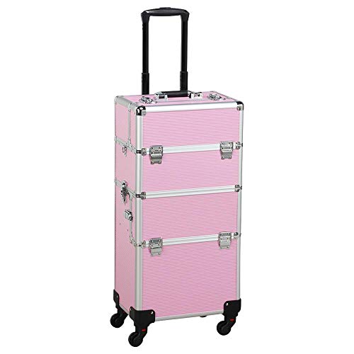 Yaheetech 3 in 1 Rolling Makeup Case Large Cosmetic Train Case Big Trolley Organizer Case Aluminum Makeup Organizer Travel Pink