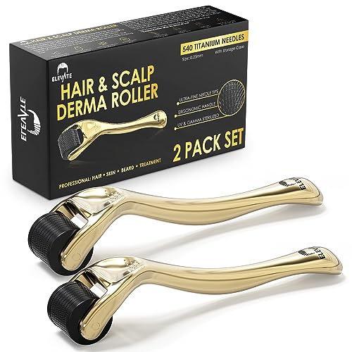 ELEVATE Derma Roller 0.25 mm Microneedle with 540 Titanium Micro Needles – Gold Color 2 Pack - Microdermabrasion Tool for Glowing Skin Women Men For Face Body Beard & Hair - Includes Storage Case