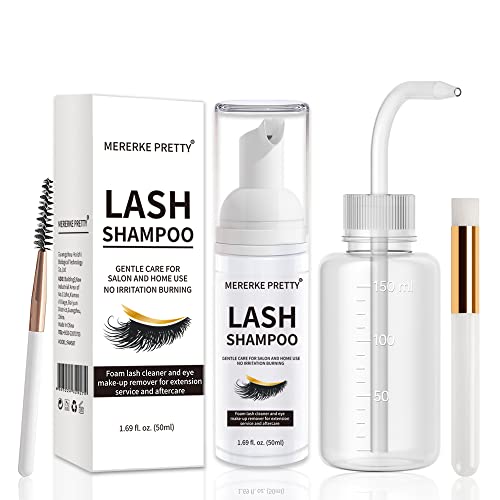 Eyelash Extension Cleanser 50 ml + Brushes + Rinse Bottle Eyelid Foaming Cleanser, Lash Foam Shampoo for Extensions and Natural Lashes, Makeup Remover For Salon and Home Use