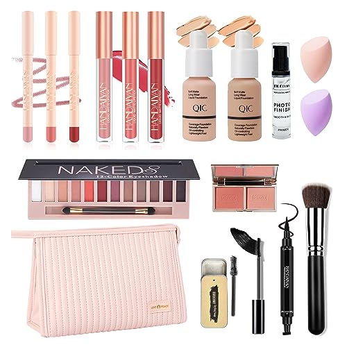 All in one Makeup Kit for Women full Kit, Professional Makeup kit with foundation 12 Colors Eyeshadow Palette Liquid Lipstick Eyebrow Soap Kit Winged Eyeliner Stamp Travel makeup set