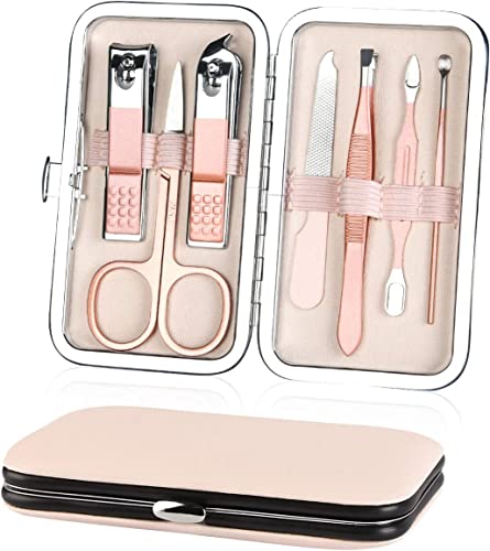 AOMIG Nail Clippers Set, 7 pcs Professional Portable Manicure Kit, Eyebrow Grooming Face Hair Clippers, Stainless Steel Nail Care Tools with Luxurious Leather Case for Travel & Home
