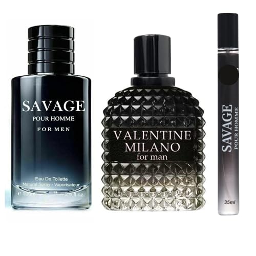 Savage Pour Homme & Valentine Milano Cologne For Men Combo Set + Savage Travel Spray, Eau De Toilette Natural Spray Fragrance for Men, Wonderful Gift, Masculine Scent for All Skin Types, 3.4 Fl Oz Each (Pack of 3)