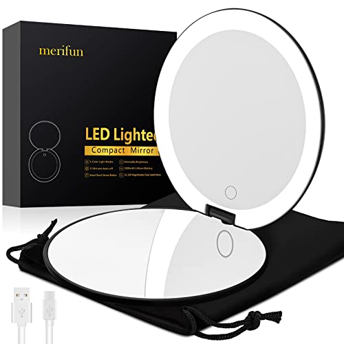 Compact Lighted Mirror, 5-inch Travel Makeup Mirror- 1X/10X Magnifying, Medical Grade LED, USB Charging, Touch Screen & Brightness Dimmable (Black)