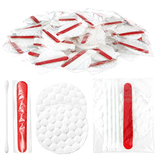 100 Pieces Hotel Vanity Kit Individually Wrapped Hotel Amenities Disposable Travel Size Hotel Hospitality Supplies, Each Includes 2 Cotton Pads 4 Cotton Swabs Nail File for Motels Makeup Toiletries