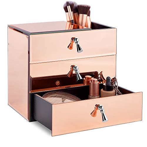 ANGIEHAIE Beautify Large Mirrored Glass Rose Gold Cosmetic Makeup Jewelry Organizer with 3 Drawers and Makeup Brushes Section Includes Glass Cleaning Cloth and Silver Tassel Handles