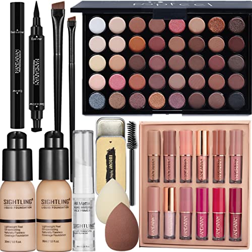 All in One Makeup Gift Kit, Includes 40 Colors Eyeshadow Palette, SIGHTLING Foundation & Face Primer, Winged Eyeliner Stamp, Lipstick Set, Eyebrow Soap, Makeup Sponge for Women Full Kit