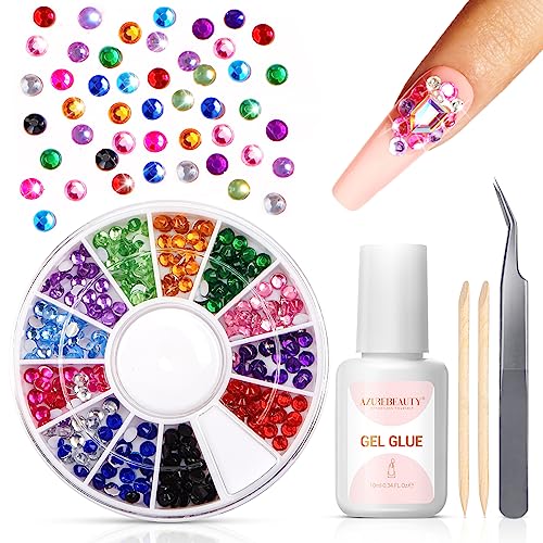 Nail Art Rhinestones Kit, 10 Color Crystal Polyhedral Gems Rhinestones Nail Jewels Decoration Stones with Nail Glue Tweezers and Wooden Stick for Nail Art Craft By AZUREBEAUTY