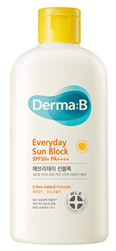 Derma B Everyday Sun Block Large Size Sunscreen SPF50+ PA++++ 6.71 Fl Oz, 200ml Fast-Absorbing Lightweight SPF Moisturizer, Facial Body Non-Sticky Sunscreen for Dewy Skin, Korean Sun Protection Lotion