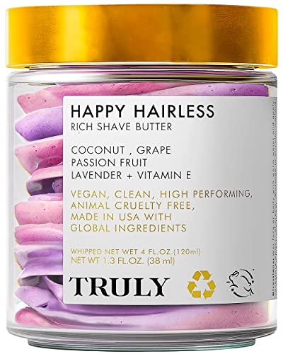 Truly Beauty Happy Hairless Shave Butter - Natural Shaving Cream for Women, Coconut Oil and More for Smooth, Nourished Skin - 1.3 Fl Oz
