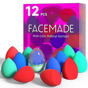 FACEMADE 12 PCS Makeup Sponge Set and 1 Sponge Holder, Latex Free Beauty Sponges, Flawless for Liquid, Cream and Powder, Super Soft Blending Sponge, Red Blue Green