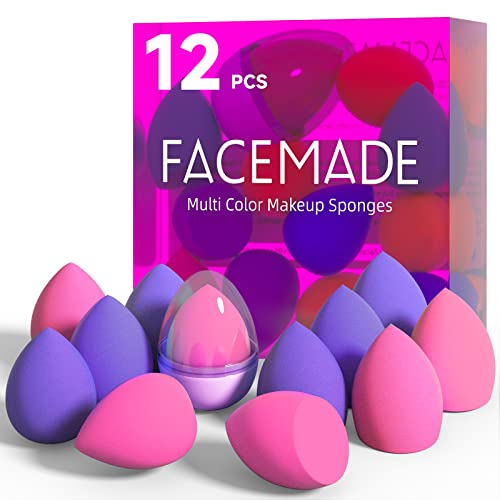 FACEMADE 12 PCS Makeup Sponge Set and 1 Sponge Holder, Latex Free Beauty Sponges, Flawless for Liquid, Cream and Powder, Super Soft Blending Sponge, Purple Pink