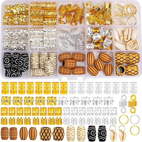 133 PCS Hair Jewelry for Locs Dreadlock Accessories Hair Decoration Coils Rings Hair Cuffs Shells Imitation Wood-Like Tube Beads for Braids