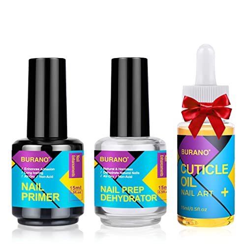 BURANO Natural Nail Prep Dehydrator and Primer for Acrylic Nails and Gel Polish, Long Lasting Acid Free Acrylic Nail Primer No Burns Bonding Primer (Nail Prep)
