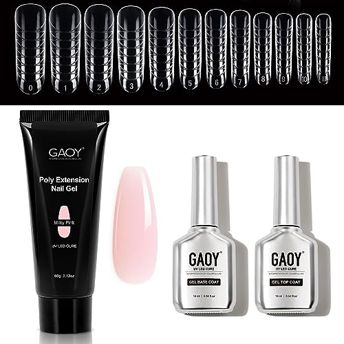 GAOY 16ml 2 Pcs Gel Top Coat and Base Coat Set for UV Gel, 60g Milky Pink Poly Nail Gel and Dual Forms Bundle
