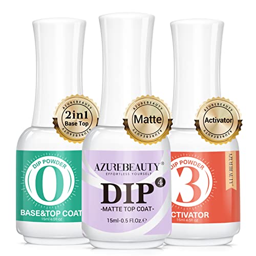 AZUREBEAUTY 3 Pcs Dip Powder Liquid Set, 2 in 1 Base & Top Coat with Activator & Matte Coat Professional Dipping Powder Essential Set for Dip Nail Art, 15ml/0.5oz, Fast Dry, No Nail Lamp Needed